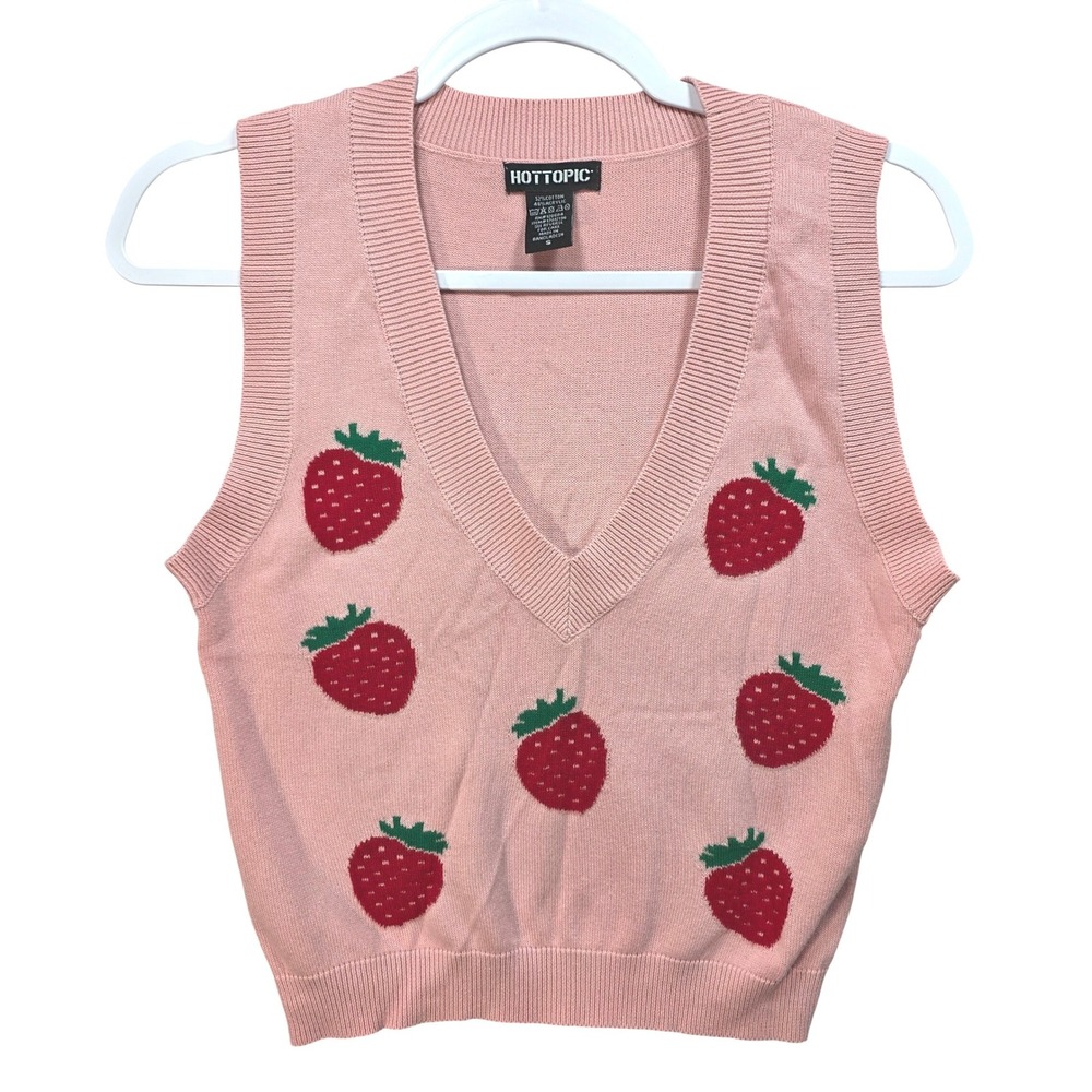 Y2k Hot Topic Strawberry Sweater Vest Womens S Cottagecore Pink Knit Vneck Cute